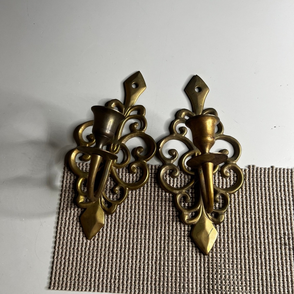 Vintage Brass Wall Sconce Pair Scroll Fleur De Lis Taper Candle Holder Set